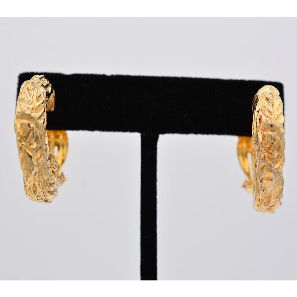 Vintage Clip On Hoop Earrings Heavy Brushed Gold Matte Chunky Bold 1980s BinAF